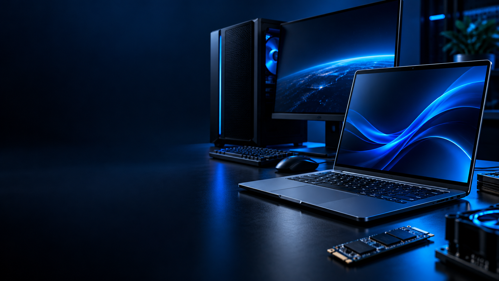 Notebook, computador e componentes em ambiente tecnológico azul